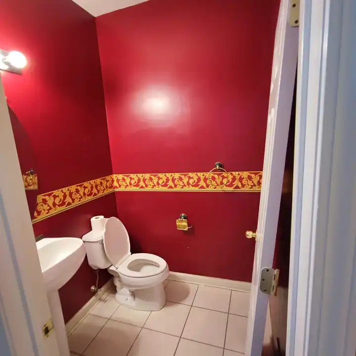 The bathroom before work: red painted walls, a gold border and the old toilet