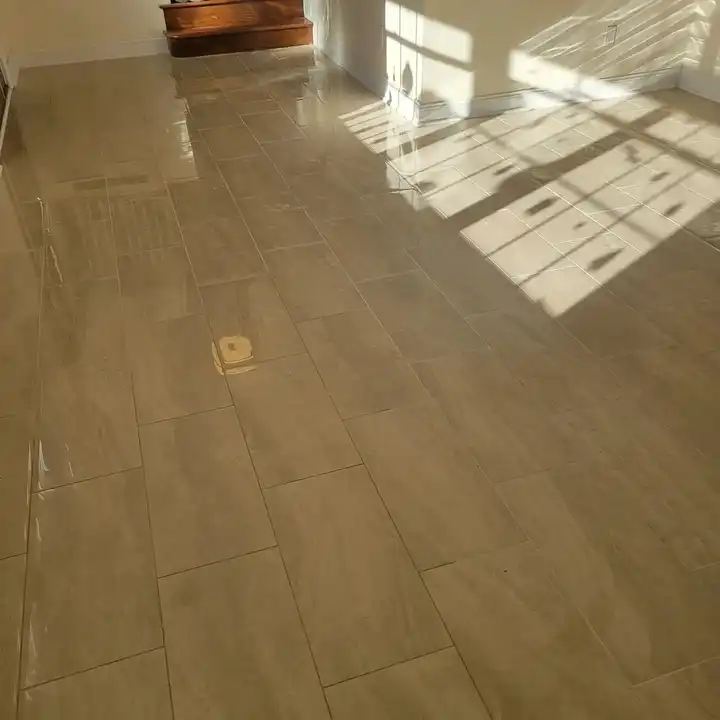 Plank tile running the length of the room without a lip between pieces